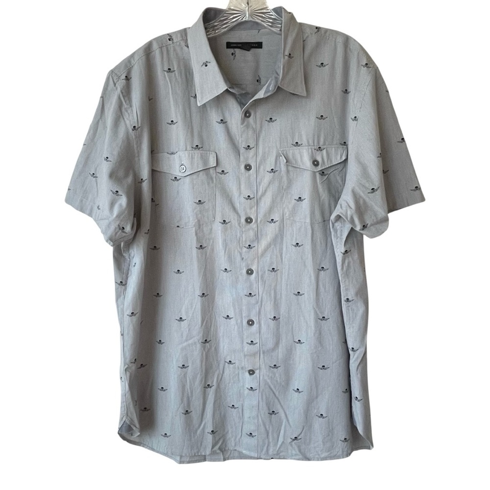 JOHN‎ VARVATOS  Shirt Mens Large Gray Striped Skull Wings Short Sleeve Cotton